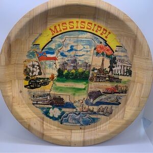 Vintage Bamboo Woven Serving Tray Featuring Mississippi - 13" Round